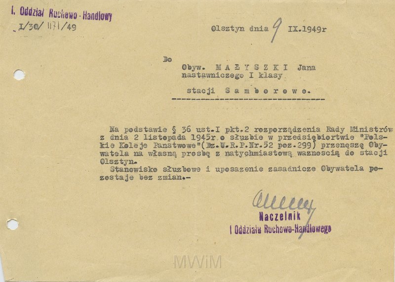 KKE 5648.jpg - Dok. Pismo z I Oddziału Ruchowo-Handlowego w Olsztynie dla Jana Małyszko dotyczące przeniesienia służbowego na wniosek pracownika, Olsztyn, 9 IX 1949 r.